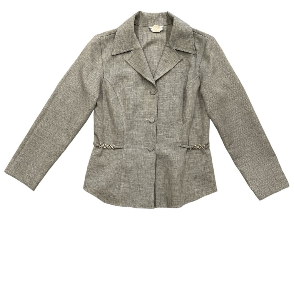 WRAPPER M (L) heathered gray button lightweight tailored blazer silver accents